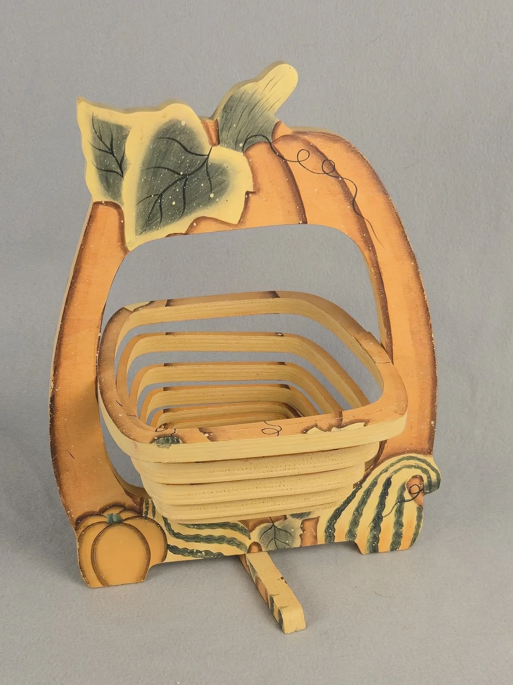 Vintage Collapsible Wooden Pumpkin Basket Trivet Fall Harvest Decor